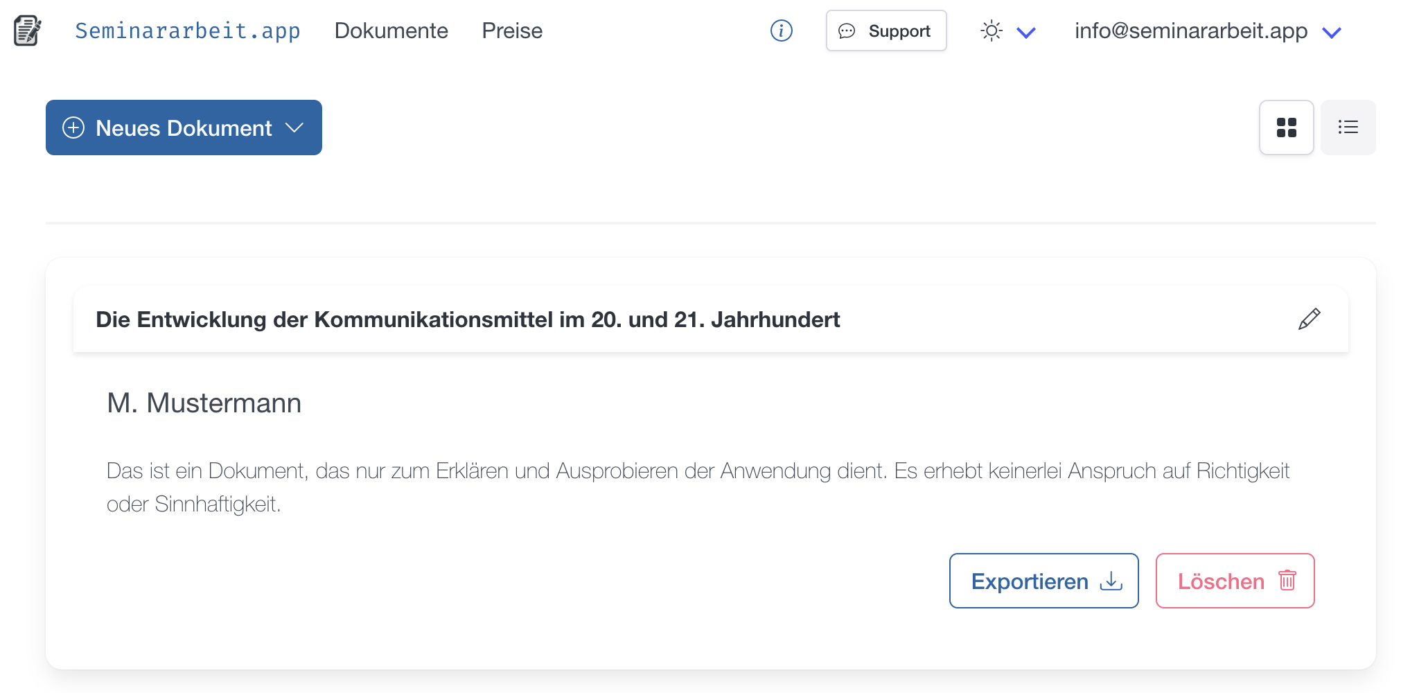 Startbildschirm: Dokumentenliste