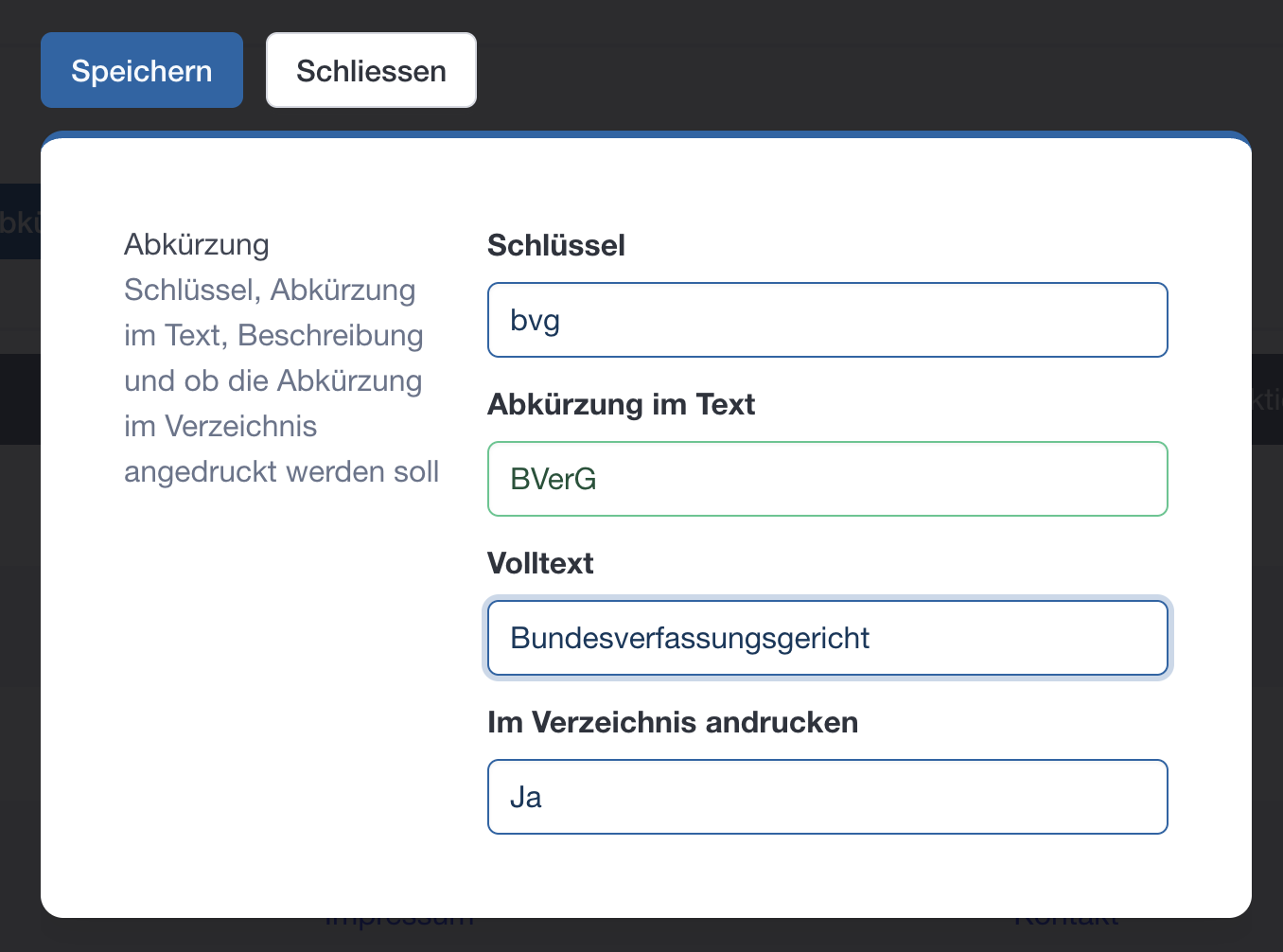 Bearbeitungsmaske für Abkürzungen