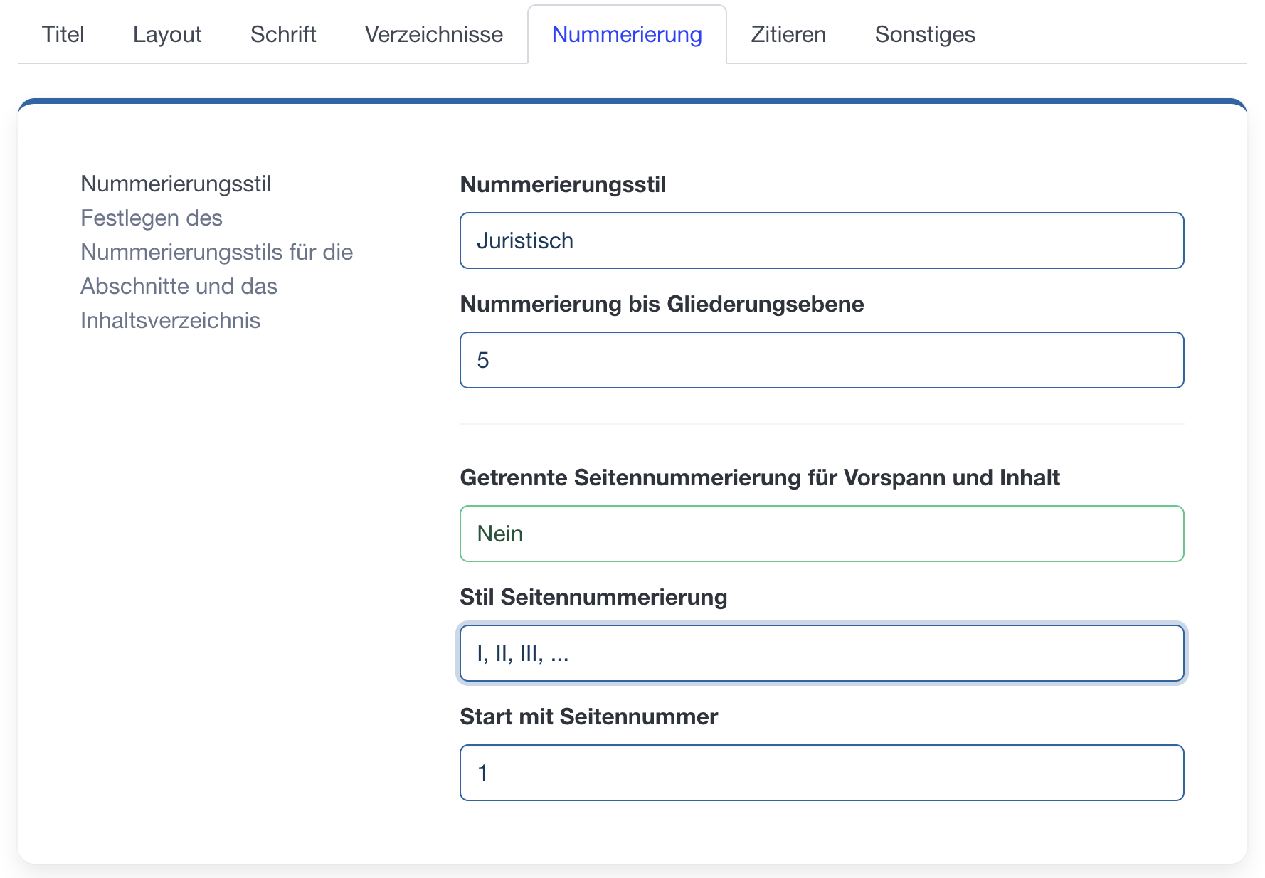 Nummerierung Abschnitte und Seitennummer