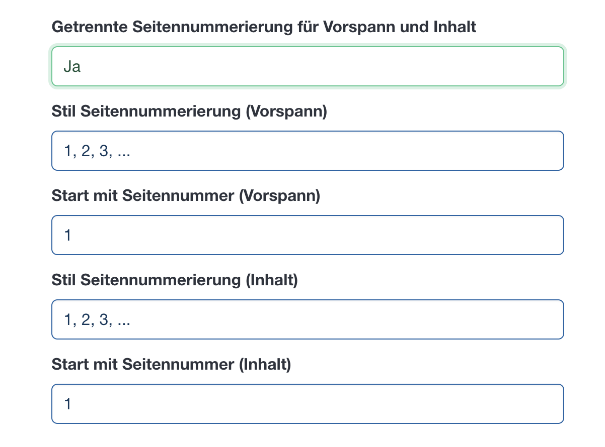 Nummerierung mit getrennten Seitennummern